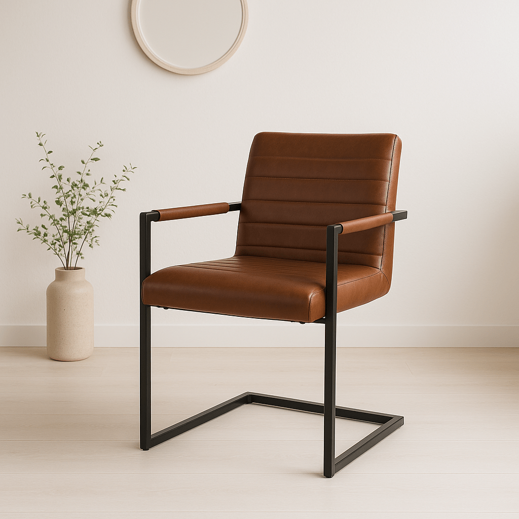 Silla Industrial de Cuero Sintético Marrón con Base Metálica – Café - Imagen 2